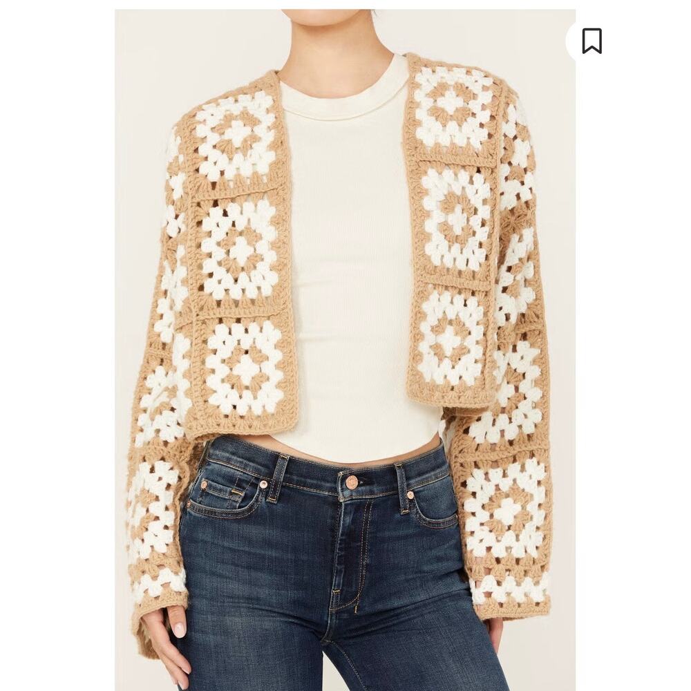 Revel Crochet Cardigan Cropped Bell Sleeve Size M Granny Square Festival Cottage